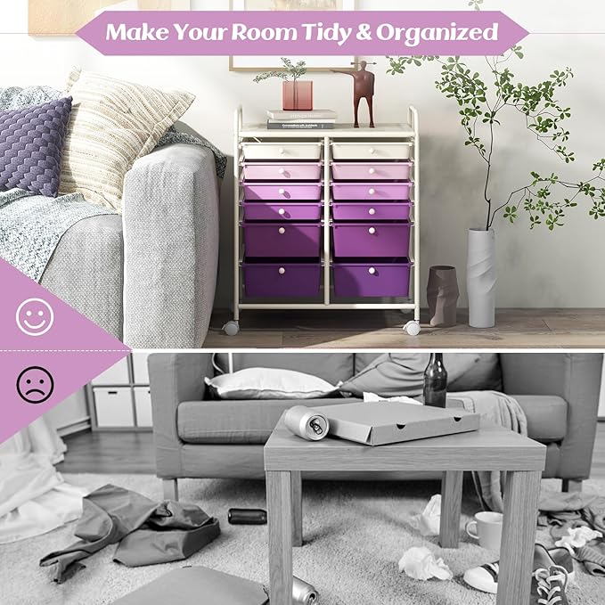 LDAILY 12 Drawer Rolling Storage Cart, Craft Cart Organizer on Wheels with Metal Frame, Large Capacity & Smooth Drawers for Living Room, Classroom, Office (Gradient Purple)