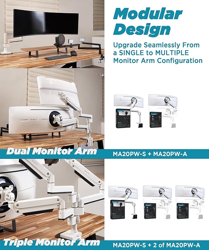 ULTRARM Heavy Duty Monitor Arm for Ultrawide Monitors up to 57" and 44 lbs, Single Desk Stand, Pneumatic Height Adjustable, Modular Extension Arms - Max VESA 100x100, White, MA20PW-S
