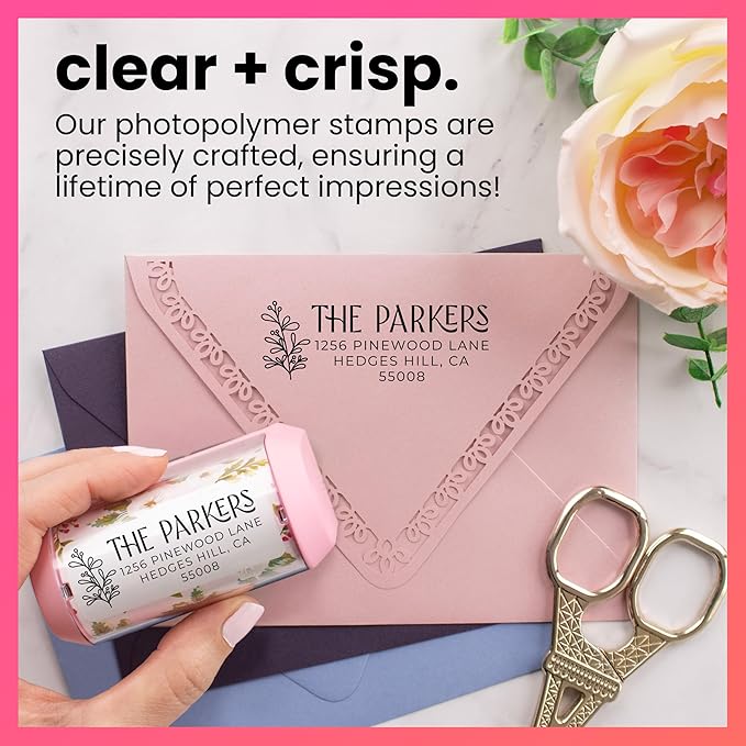 ExcelMark Address Stamp - Custom Return Address Stamp with Elegant Designs, Vibrant Colors & Patterns – Perfect for Mail, Invitations & Gifts (Pink Mount, Foliage Edge)
