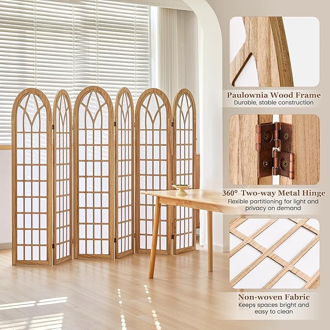 Asnefeli 6 Panel Japanese Room Divider, Shoji Style Partition Divider, Fully Assembled Wooden Privacy Screen for Home Office Bedroom Apartment Decoration, Natual