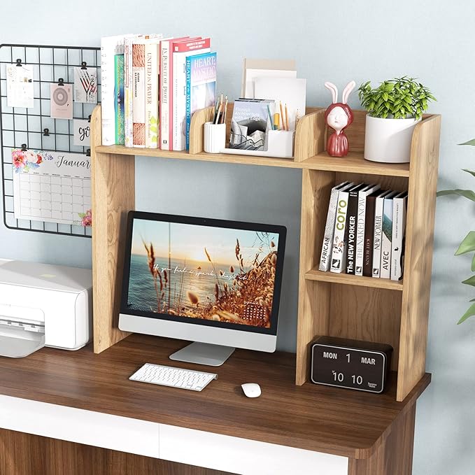 Tangkula Desktop Bookshelf, Countertop Storage Hutch with 5 Shelves for Computer Desk, 3-Tier Display Rack, Multipurpose Wood Storage Organizer for Dorm Office Home