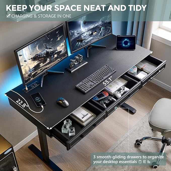 wow97e Electric Standing Desk with 3 Storage Drawers, 55x22 Inch Adjustable Height Office Computer Desk w/One-Piece Desktop & Power Outlets,Sit to Stand Up,Gaming Table for Home and Study, Black