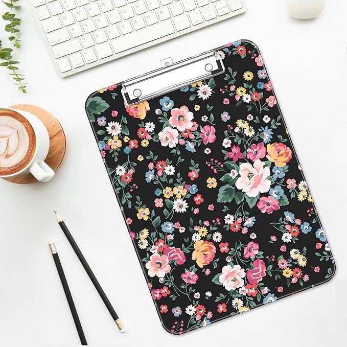 Luminzo Plastic Cute Clipboard Low-Profile Metal Clip, A4 Letter Size 9 x 12.5 in, 8.5 x 11 Paper Clip Board for Teachers, Nurses, Classroom,Vintage Flower