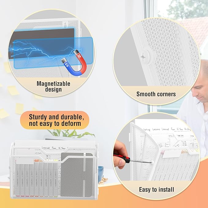 Docnest 2 Tier 3 Pack Magnetic Wall Mounted File Holders,Mesh Letter Organizer, Magnetic Hanging Mail Paper Document Organizer for Office, Home, School, White