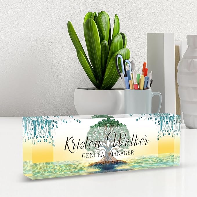 AZUFEMOS Personalized Acrylic Desk Name Plate Custom Employee Appreciation Gifts Office Gifts for Women, Men, Boss, Coworkers, Teacher, Nurse (Tree of Life)