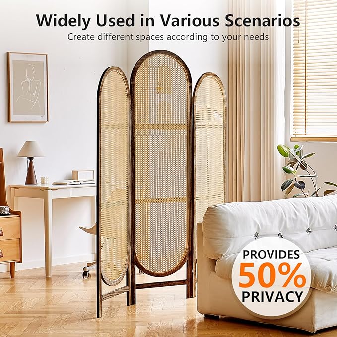 Asnefeli Wood Room Divider 3 Panels, Folding Rattan Room Divider Wall, Unique Design Folding Portable Partition Screen, Foldable Privacy Screen Wall Divider for Home Office Restaurant Bedroom (Brown)