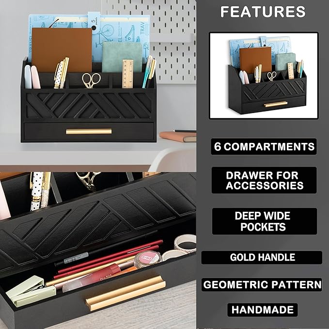 dreampossible Black Wood Desk Organizer and Accessories with Drawer, Bill Mail Organizer and File Mail Holder for Office Supplies, Modern Desk Accessories & Workspace Organizers for Desk Organization