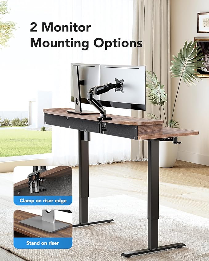 HUANUO 48″ x 24″ Electric Standing Desk with 2 Drawers, C-Clamp Mount Compatible, Height Adjustable Computer Desk, Home Office Stand Up Desk with 4 Preset Heights & 2 Hooks, Walnut