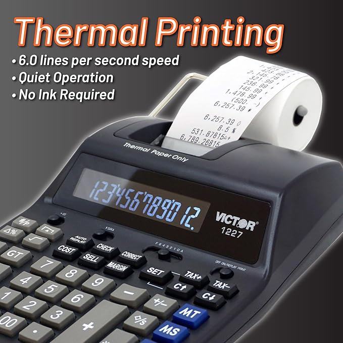 Victor Thermal Printing Calculator with Check & Correct – Fast, Ink-Free Printing, Large Screen, Smudge-Free Results for Office & Accounting