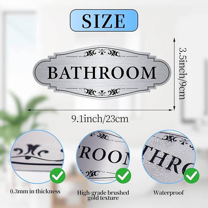 Bathroom Sign Sticker for Business and Home，Self-adhesive Brushed Silver Cute Bathroom Decor for Door，Waterproof Vinyl Restroom Sign for Home，Office，Shop（Silver）