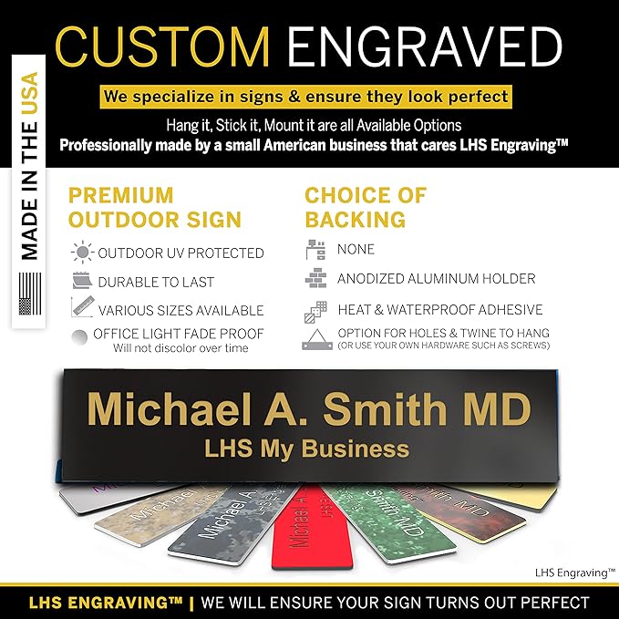 Custom Name Plate for Doors, with Choice of Mounting Holders for Walls, Doors, Cubicles, Hanging and More - Personalized Gloss Black Plastic Gold Letters - USA Made 2x6 - B3