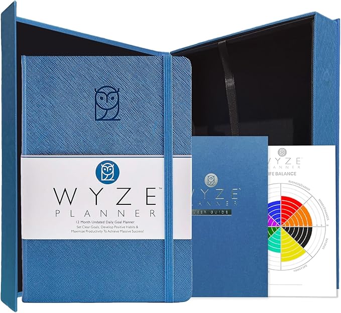 Wyze Planner Undated Daily Planner – 1-Year B5 Productivity Organizer with Two-Page Weekly Spread, Goal Setting, Habit Tracker, Weekly & Monthly Pages – Hardcover Time Management Notebook (Blue)
