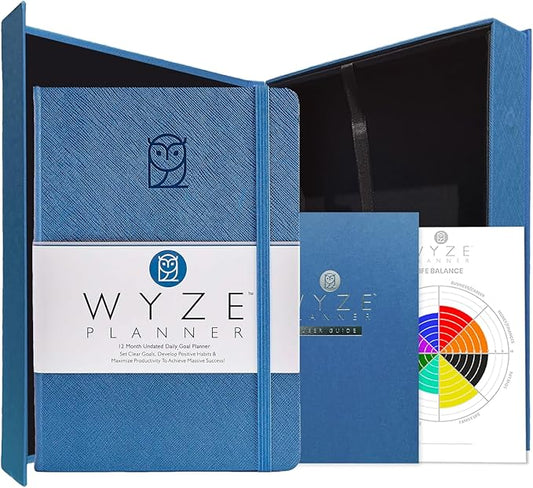 Wyze Planner Undated Daily Planner – 1-Year B5 Productivity Organizer with Two-Page Weekly Spread, Goal Setting, Habit Tracker, Weekly & Monthly Pages – Hardcover Time Management Notebook (Blue)
