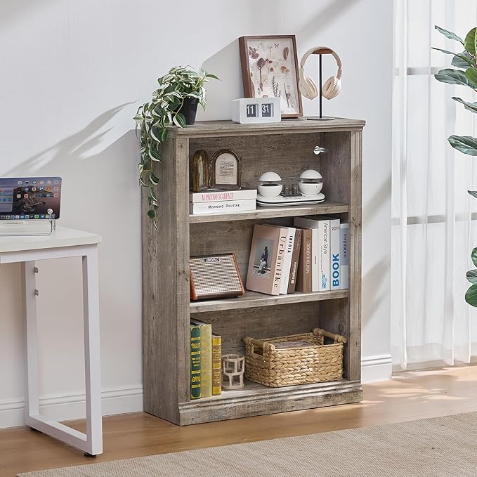 RWYHG 43" Grey Tall Bookshelf Set of 3,3-Tier Thick Wooden Book Shelf with Adjustable Shelves,Free Standing Farmhouse Bookcase with Open Display Storage,Floor Vintage Bookshelves for Living Room