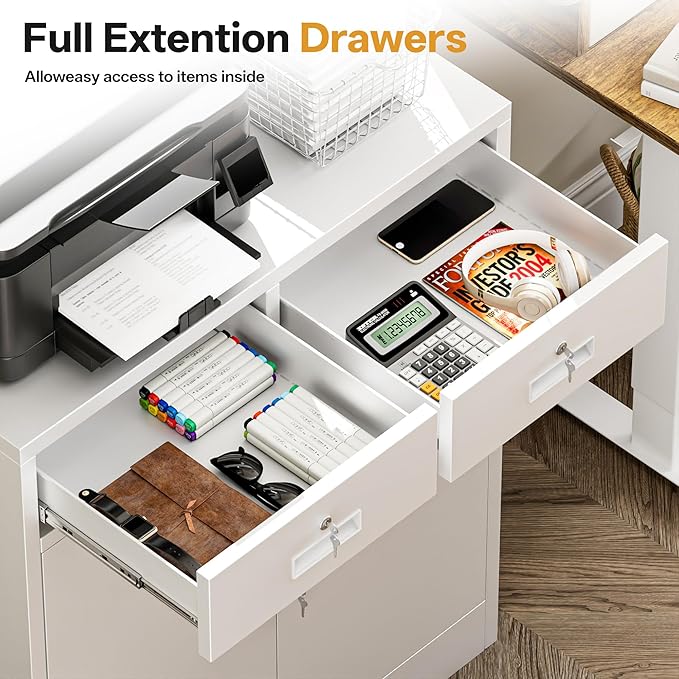 TaskStorz Metal Storage Cabinet with 2 Drawers 36" H,White Metal Garage Cabinets with 2 Lockable Doors and Adjustable Shelves Easy to Assemble for Home Office, Kitchen,Pantry,Garage,Warehouse