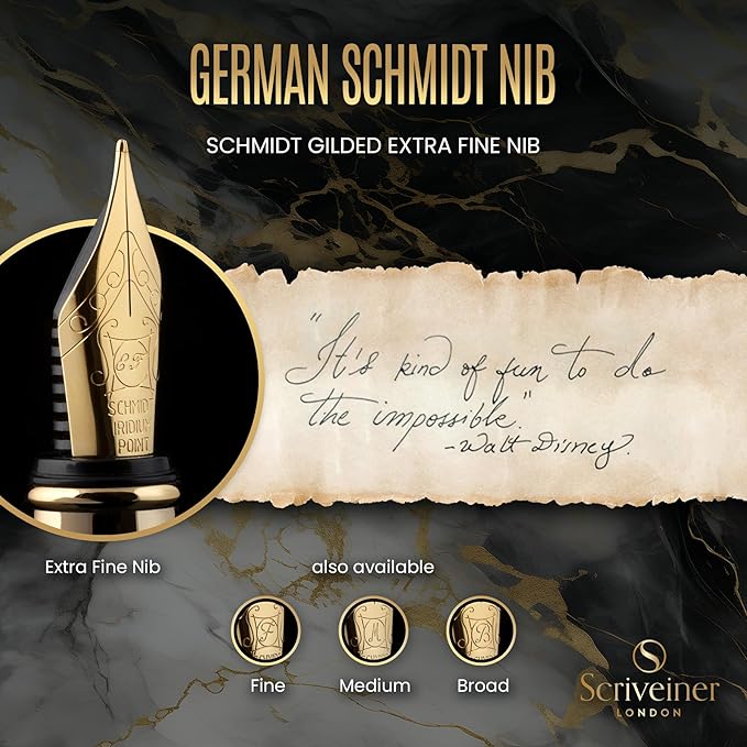 Scriveiner Luxury Fountain Pen - Stunning Black Lacquer Pen, Real Gold Finish, Schmidt Gilded Nib (Extra Fine), Converter, Best Pen Gift Set for Men & Women, Professional, Executive, Office, Nice Pens