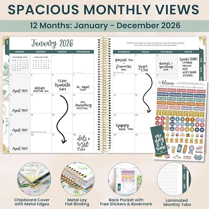 bloom daily planners 2026 Hardcover Calendar Year Goal & Vision Planner (January to December) - Monthly & Weekly Agenda Organizer - 7.5" x 9" - Eucalyptus, White