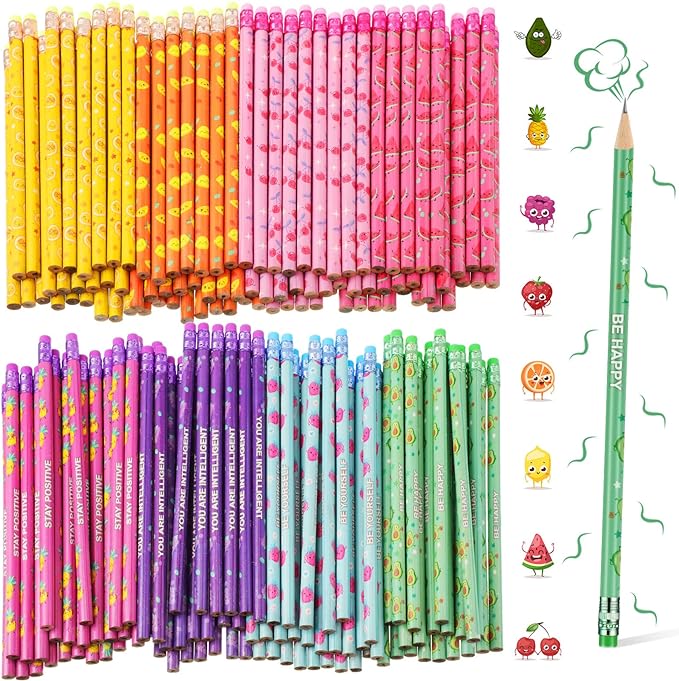 Leinuosen 300 Pcs Scented Pencils Bulk for Kids Inspirational Cute Fun Wood Smelly Pencils with Erasers Fruit Elements for School Classroom Office Students