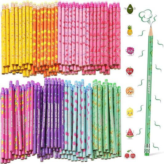 Leinuosen 100 Pcs Scented Pencils Bulk for Kids Inspirational Cute Fun Wood Smelly Pencils with Erasers Fruit Elements for School Classroom Office Students