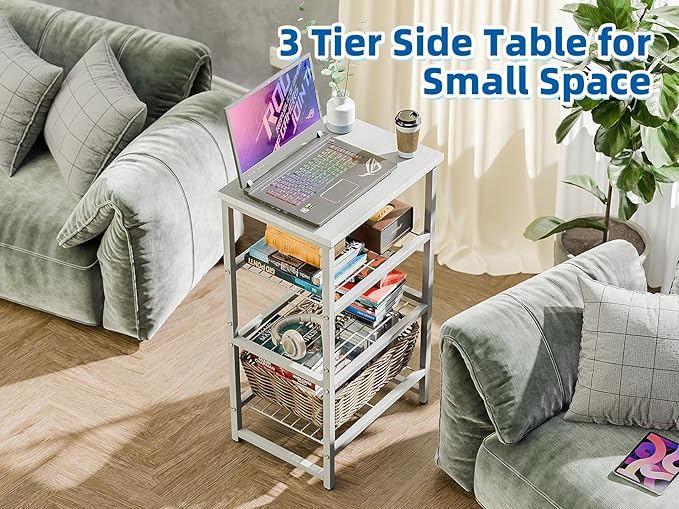 GEORIS 3 Tier Metal Printer Stand Shelf, White Side Table for Printer, Fax Marchine