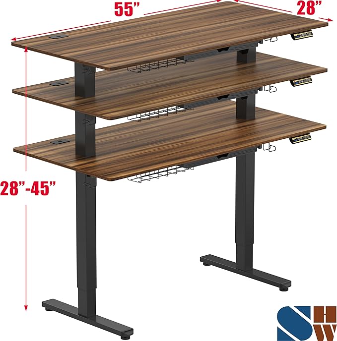 SHW 55 x 28 Inches Electric Height Adjustable Standing Desk with Drawer and Memory Preset, Walnut