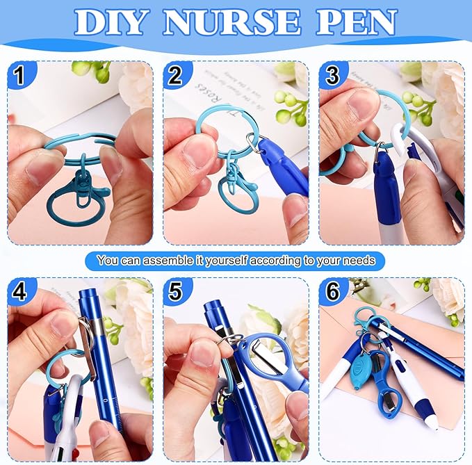 24 pcs Nurse Pen Set Include Permanent Marker Pen Pen Lights for Nurses Retractable Ballpoint Pen Nursing Keychain Clip Foldable Scissors LED Flashlight Keychain for Nurses (Blue Green Pink Purple)