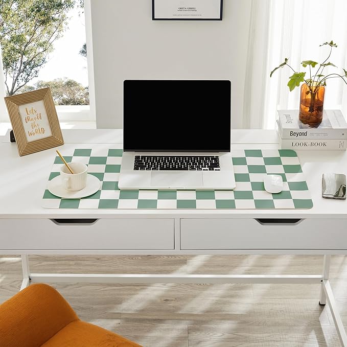 Ohocut Checkered Desk Mat, Large Cute Aesthetic Retro PU Leather Computer Laptop Desk Mat, Non-Slip Waterproof Mouse Keyboard Pad, Desk Writing Mat for Work/Home (Sage, 31.5" x 15.7")
