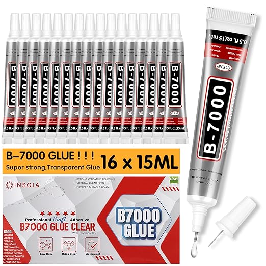 B7000 Rhinestone Glue Clear 16 PCS 15ml – Strong Transparent No Trace Jewelry Glue with Precision Tip, Quick Dry Multi-Purpose Adhesive for Making Nail Makeup Fabric Shoes Craft Phone Repair