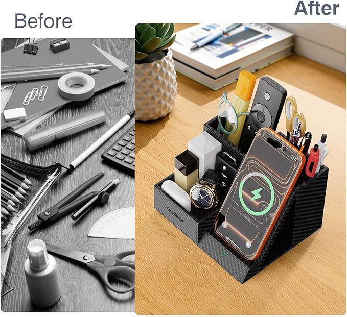TopMade Wireless Charger Nightstand Organizer, Multi-Functional Pen/Pencil/Remote Holder for Desk, Leather Desktop Organizers, Home Office Supplies Fast Phone Charging Stand, Black Carbon Fiber