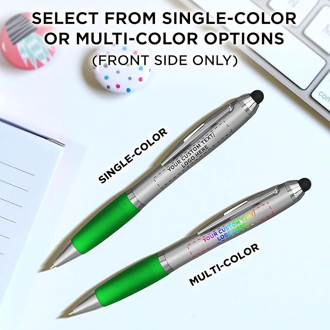 DISCOUNT PROMOS Custom Stylus Ballpoint Pens Set of 10, Personalized Bulk Pack - Black Ink, Great for Office, School, Business, Tradeshows, Events - Green