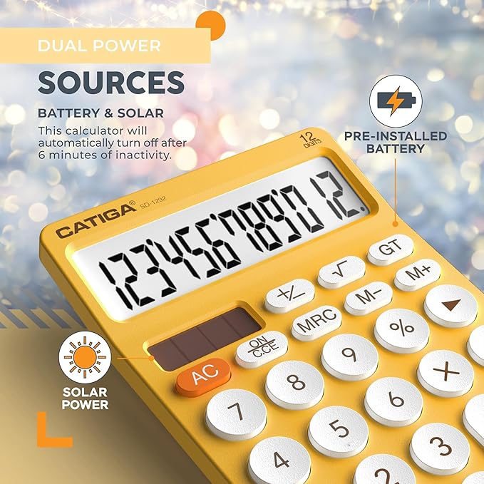CATIGA 12 Digit Desktop Calculator Basic Desk Calculator with Large LCD Display, Big Buttons, 4 Function, Solar and Battery Dual Power, for Office, School, Home, SD-1292 Yellow