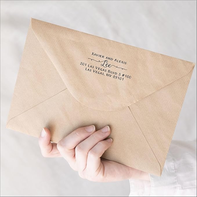 PrettySweetParty Self Inking Return Address Stamp - Custom 4 Line Personalized Address Stamp for Envelopes, Wedding Invitations, Business, Mailing Labels (Williams Curly Tails)