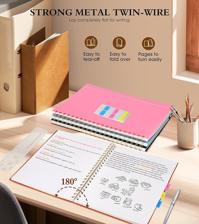 UEBZFOCS Dotted Notebook, Spiral Notebook Journal 8.5” x 11”, A4 Large Dot Grid Notebooks for Women Men, 100 GSM Dotted Paper, Plastic Hardcover Spiral Bullet Journals for Work School Sketching, Red