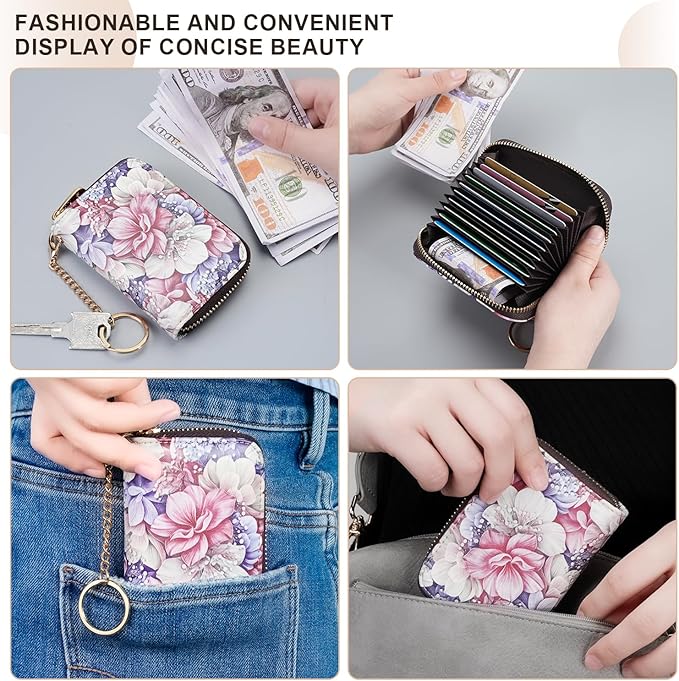 APHISON RFID Credit Card Holder Wallets for Women Leather Zipper Card Case for Ladies Keychain Wallet