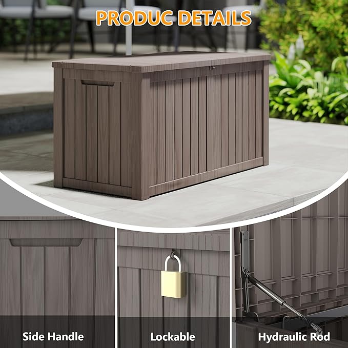Yardgrace 80 Gallon Outdoor Storage Box Waterproof, Resin Deck Boxes with Lockable Lid & UV-Resistant for Patio, Pool, Garden Furniture Cushions & Accessories, Coffee
