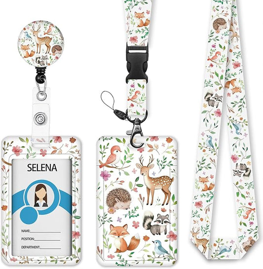 Fox Badge Holder Retractable Lanyard, Lanyards for ID Badges Name Tags Vertical Card Holder, Detachable Lanyard Badge Reel Retractable, Teacher Nurse Workers Women Office Gifts Cute Animal Flowers