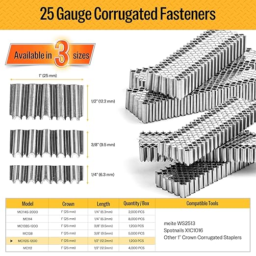 meite Corrugated Fasteners MC112 25 Gauge 1-Inch Crown 1/2-Inch Length Staples Corrugated W Fasteners for Pneumatic Corrugated Tools, for Woodworking Projects (1,200 Counts/Box)