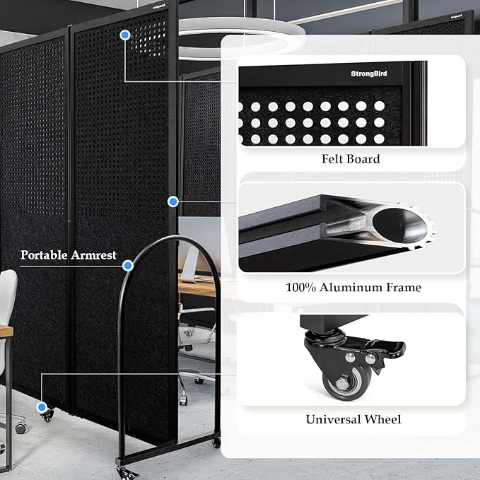 Folding Room Partition,Freestanding Privacy Divider,Portable Office Divider Wall,Commercial Space Partition Screen,Perforated Felt Panel Design,10'6"W x 6'7"H,5 Panel,Black