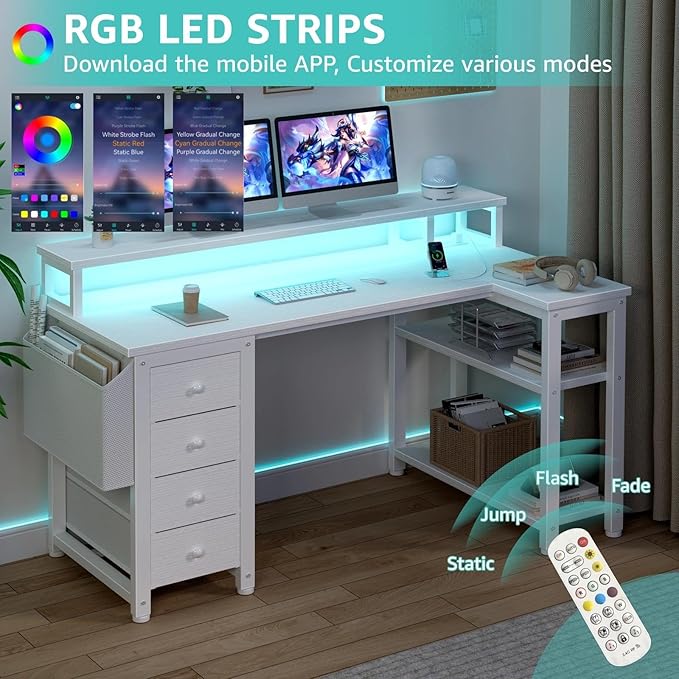 Lufeiya L Shaped Desk with Led Lights and Power Outlets, 47 Inch Writing Study Computer Gaming Desks with Fabric Drawers for Bedroom, Home Office Corner Desk with Monitor Stand Shelves, White