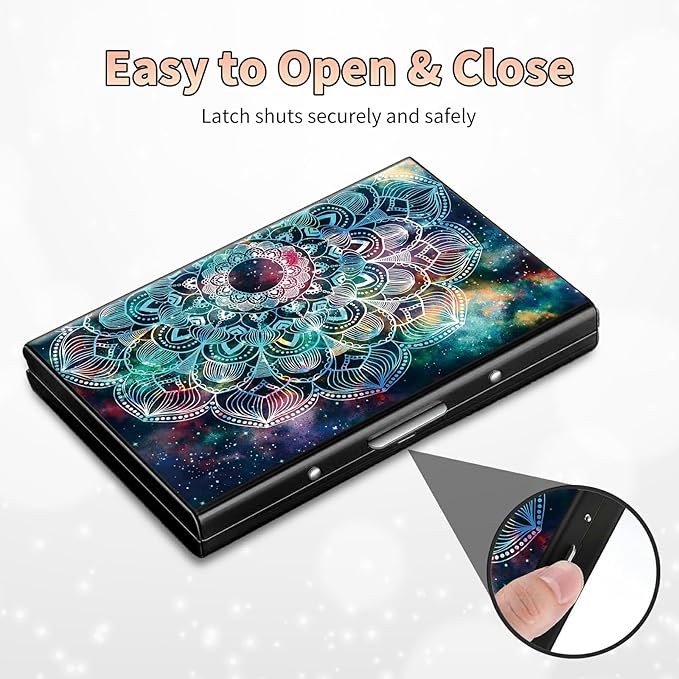 BWEGRHE Slim Credit Card Holder, Art Mandalas RFID Blocking Metal Wallet for Men & Women, Aluminum Minimalist Hard Case Pocket-Sized Business Cards Organizer (Fits Up to 10 Cards)