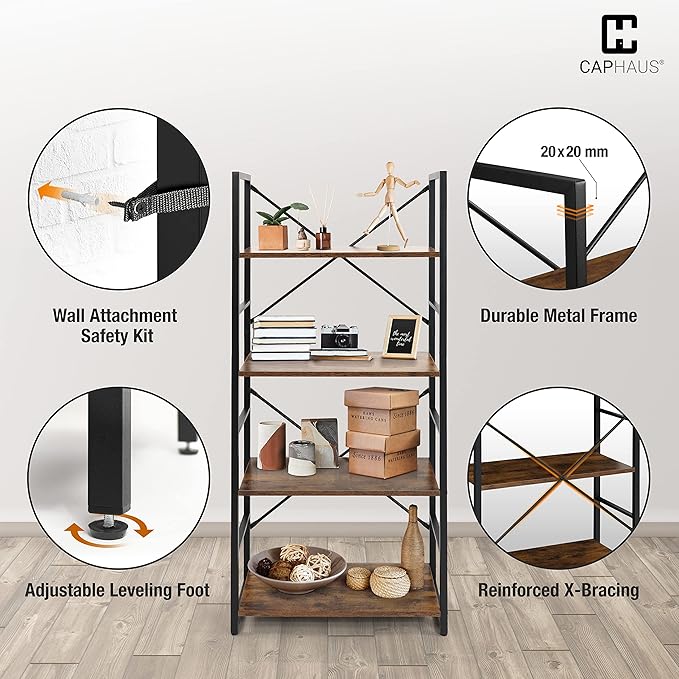 CAPHAUS 4 Tier Bookshelf, 24 Inch Width Free Standing Shelf, Bookcase Shelf Storage Organizer, Industrial Book Shelves for Home Office, Living Room, Kitchen, Rustic Oak Vintage Shelves & Metal Frame