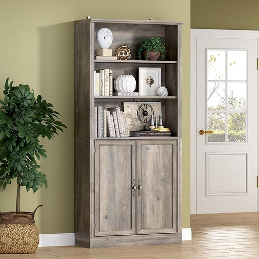BORNOON 71.4" Tall Bookshelf with Cabinet, 5-Tier Floor Standing Bookcase with Doors & Adjustable Shelves, 31.5" Wide Storage Shelf, Metal Handles, Modern Organizer for Home Office, Living Room
