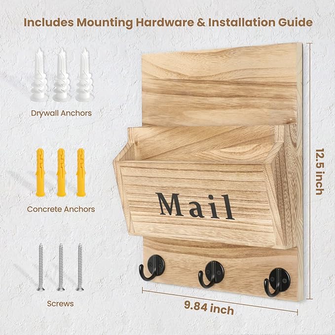 Lucundm Mail and Key Holder - Decorative 9.8" x 12.5" Wall Key Hanger with 2 Mail Organizer Slots and 3 Hooks - Real Paulownia Wood with Keyhole Brackets, Hardware and Instructions (Wood)