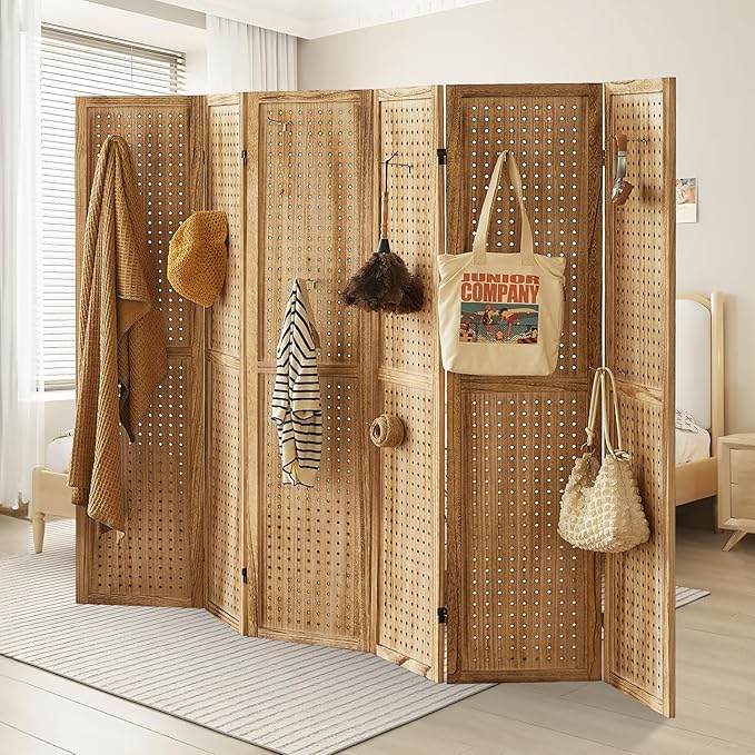 Aleesing 6 Panel Pegboard Display with 24 Hooks, Pegboard Room Divider and Folding Privacy Screens, Partition Room dividers, Wooden Room Divider Wall, Jewelry Store, Bedroom, Balcony, Light Brown