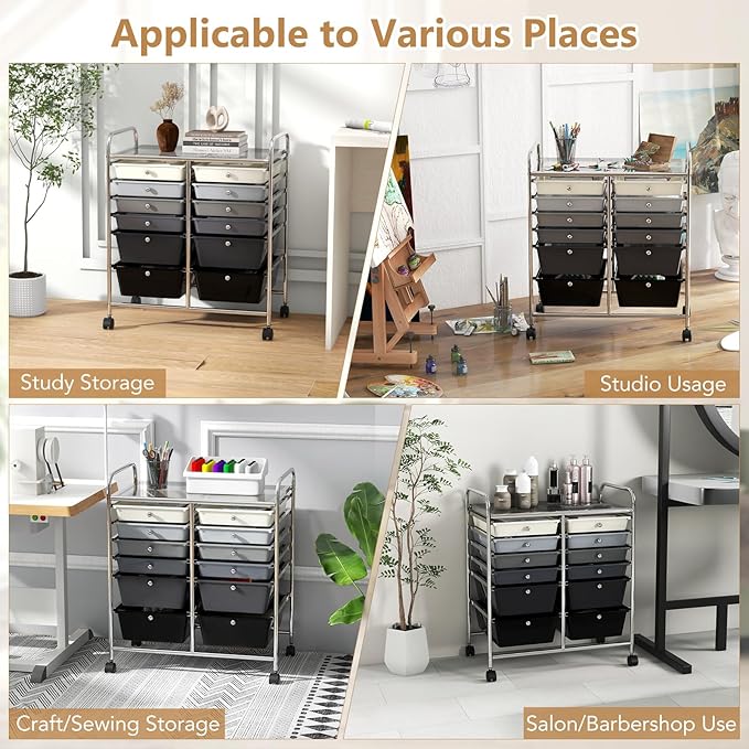 Happygrill 12-Drawer Rolling Storage Cart, Multipurpose Organizer Cart for Home Office School, Utility Cart with Wheels (Black Gradient)
