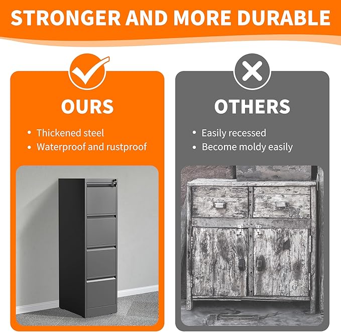 OPTYMIRA 4 Drawer Metal File Cabinet with Lock Heavy Duty Lockable Filing Cabinets Home Office Steel File Cabinet Black Vertical File Cabinets for Legal/Letter Size File,Assembly Required