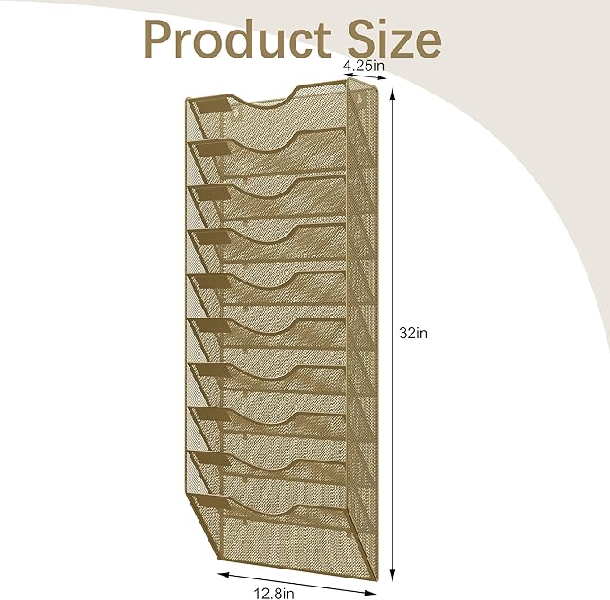 EasyPAG 10 Pocket Mesh Wall File Organizer, Hanging Paper Folder Holder with Classify Label, Vertical Wall Mount Mail Organizer for Office Home Classroom, Gold