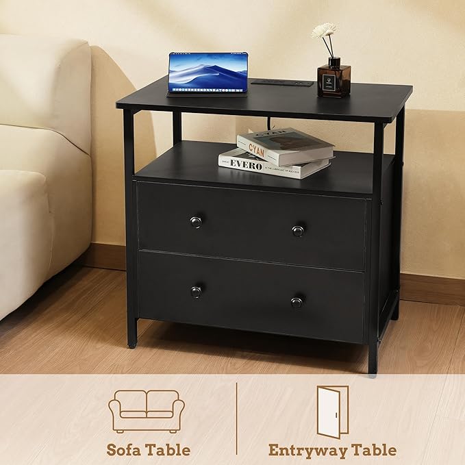Edbuosy 27 inch Wide Night Stand with Charging Station, Bedside Table with Open Shelf, 2 Drawers Small Wood Dresser, Modern Wood Nightstand for Bedroom/Living Room (Black)