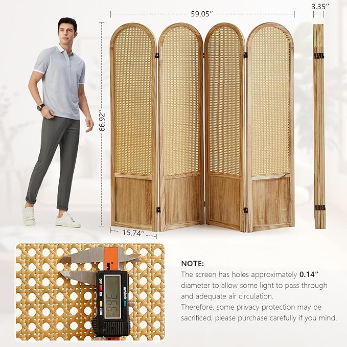 Asnefeli Room Divider 4 Panel, Folding Privacy Screen, Foldable Wood Divider Room Dec, Rattan Room Divider, Portable Partition Screen, Wall Divider for Room Separation Bedroom Home Office (Natural)