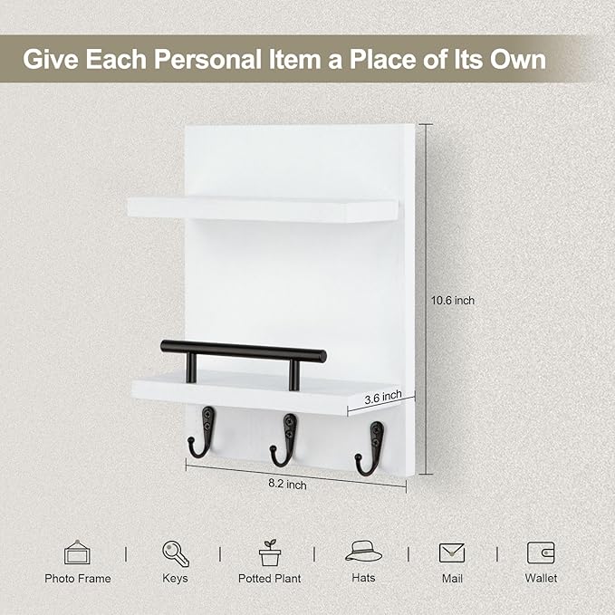 Lucundm Key Holder Wall Mount, Mail Shelf Decor with 3 Key Hooks, Versatile Wood Wall Organizer for Entryway Hallway (8.2” x 10.6”x 3.6”) (White)